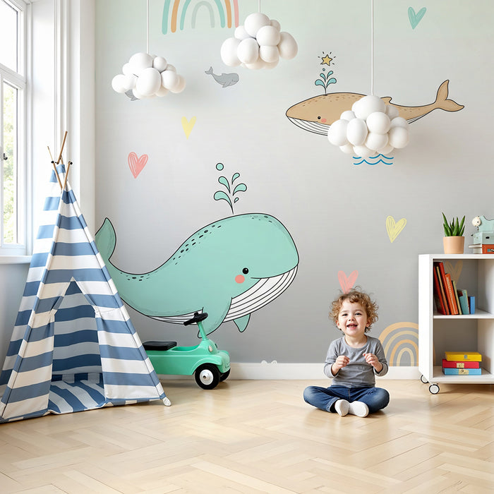 Lastenhuoneen tapetti | Iloiset valaat ja värikkäät sateenkaaret