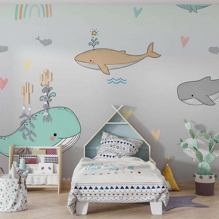 Lastenhuoneen tapetti | Iloiset valaat ja värikkäät sateenkaaret