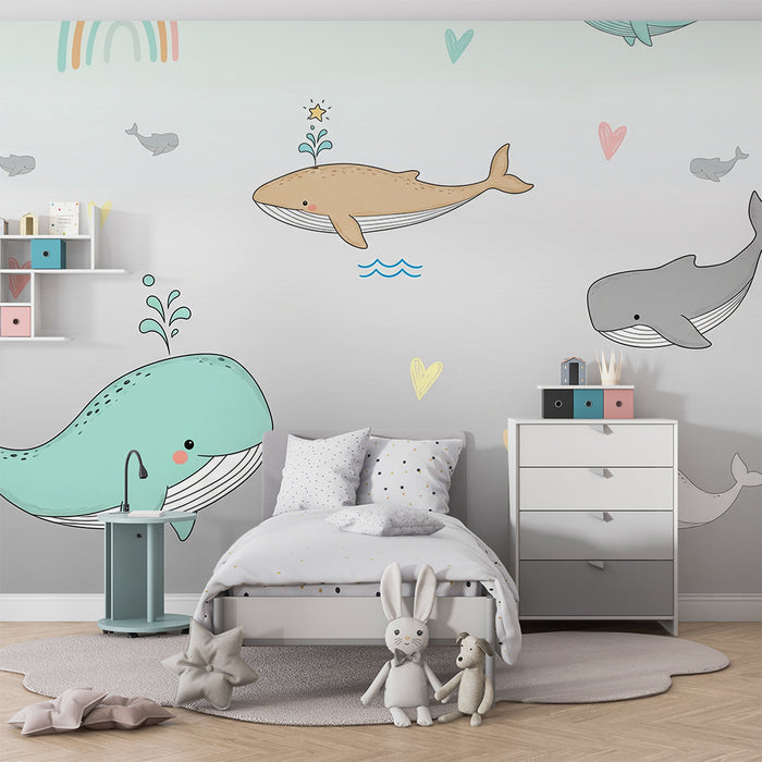 Lastenhuoneen tapetti | Iloiset valaat ja värikkäät sateenkaaret