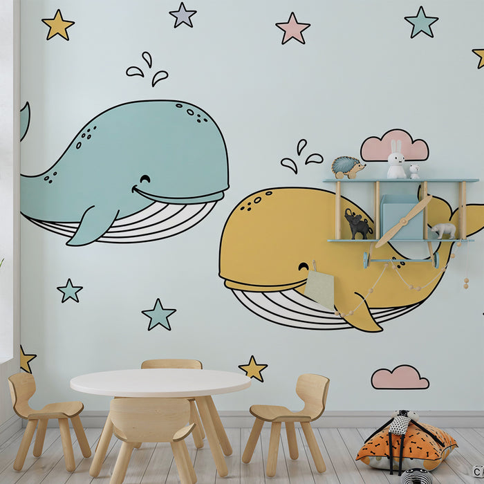 Tapet za detska staia | Veseli kitove i sviashtchasti zvezdi