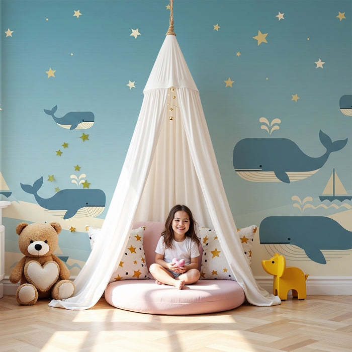 Tapet pentru cameră de copii | Balene fericite și veliere sub un cer înstelat