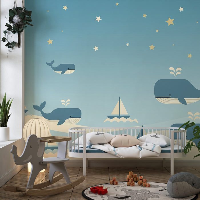 Tapet pentru cameră de copii | Balene fericite și veliere sub un cer înstelat