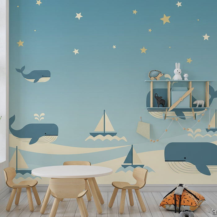 Tapet pentru cameră de copii | Balene fericite și veliere sub un cer înstelat