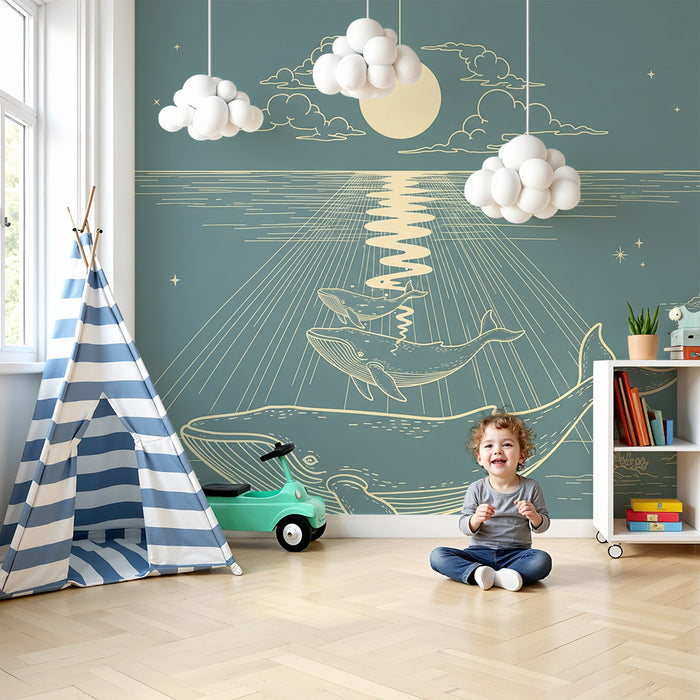 Papel de parede para quarto de bebé | Baleias majestuosas sob um céu estrelado