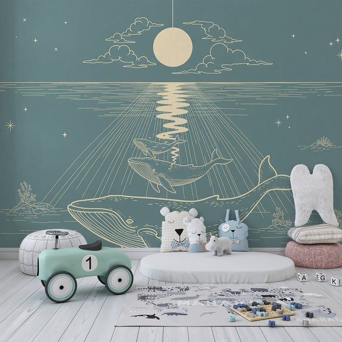 Papel de parede para quarto de bebé | Baleias majestuosas sob um céu estrelado