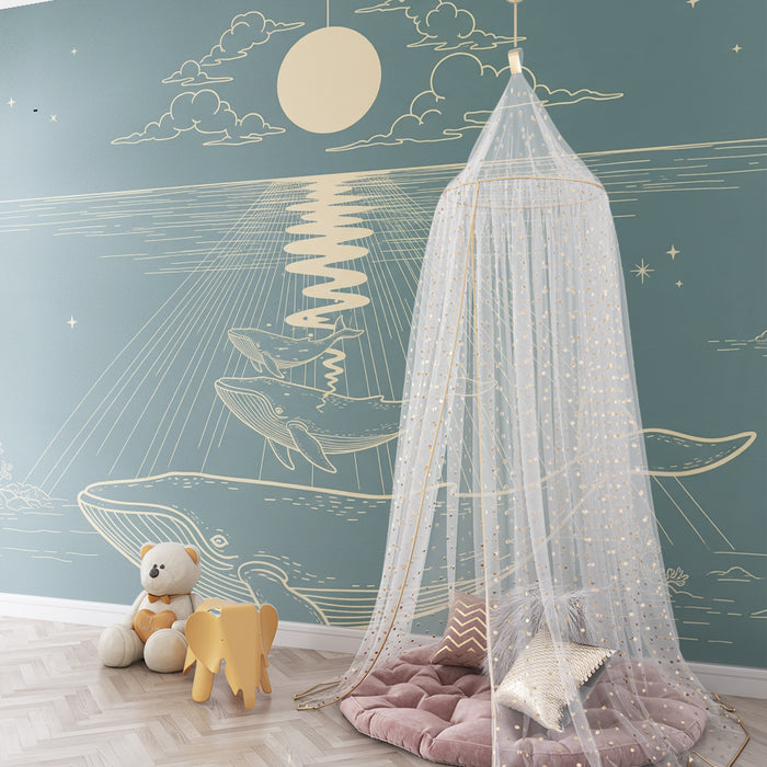 Papel de parede para quarto de bebé | Baleias majestuosas sob um céu estrelado