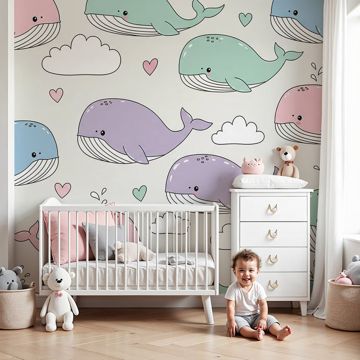 Papier peint chambre bébé | Baleines mignonnes et nuages