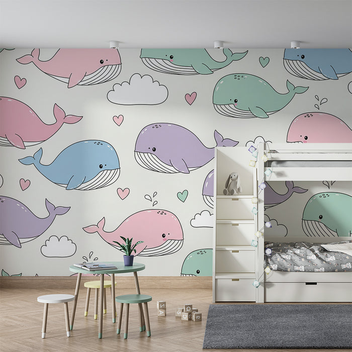 Papier peint chambre bébé | Baleines mignonnes et nuages