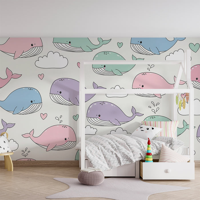 Papier peint chambre bébé | Baleines mignonnes et nuages