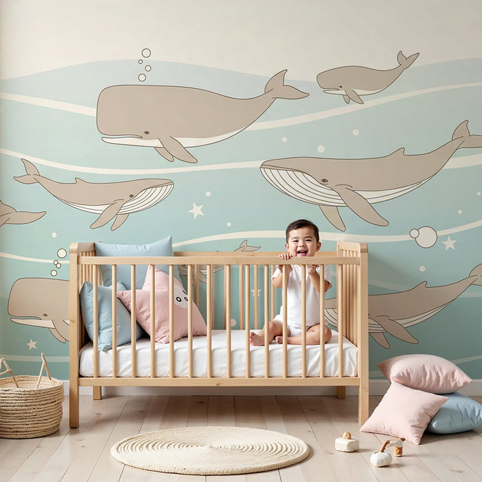 Nursery room wallpaper | Whales swimming in soothing waves