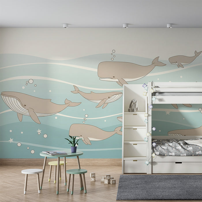 Nursery room wallpaper | Whales swimming in soothing waves
