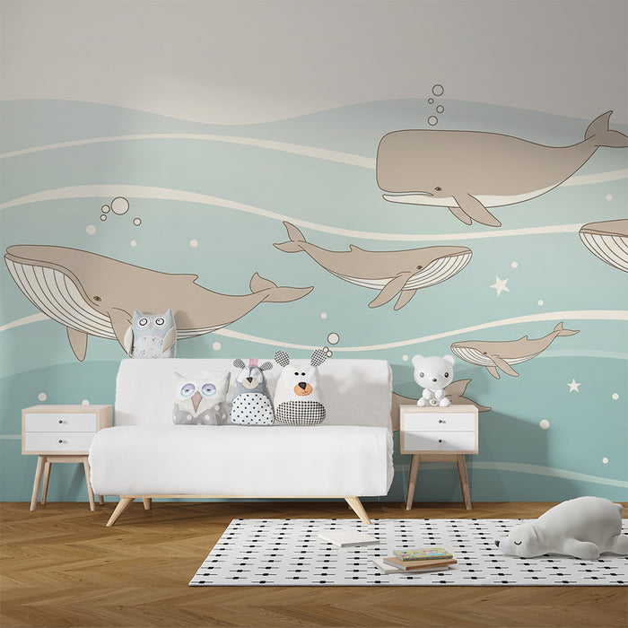 Nursery room wallpaper | Whales swimming in soothing waves