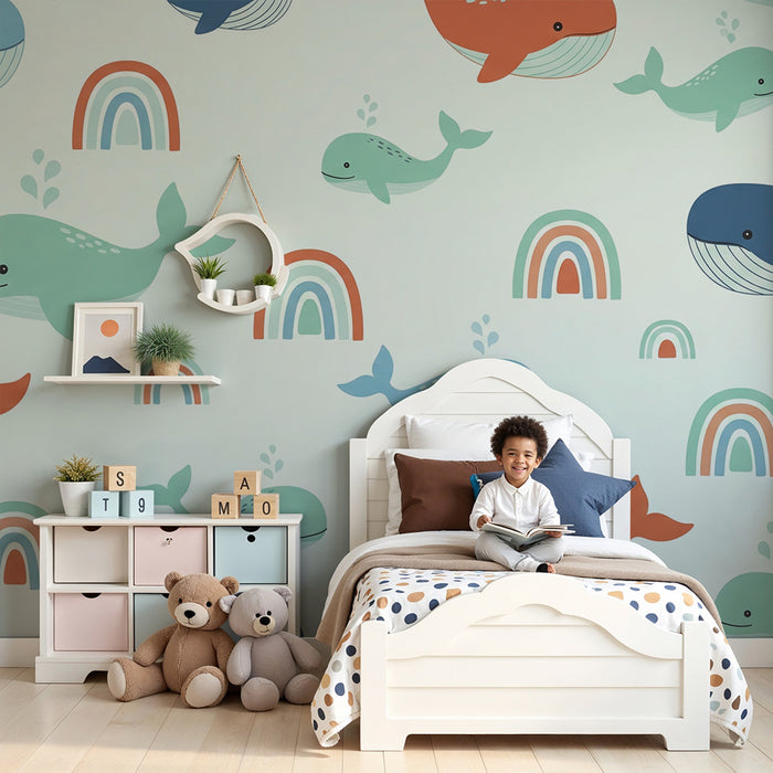 Papel de parede quarto bebê | Kit de baleias verde sálvia terracota e arco-íris