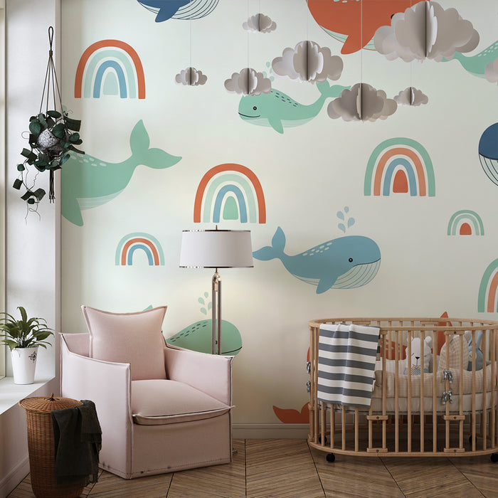 Papel de parede quarto bebê | Kit de baleias verde sálvia terracota e arco-íris