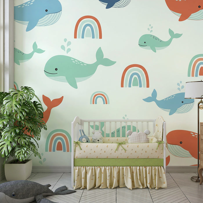 Papel de parede quarto bebê | Kit de baleias verde sálvia terracota e arco-íris