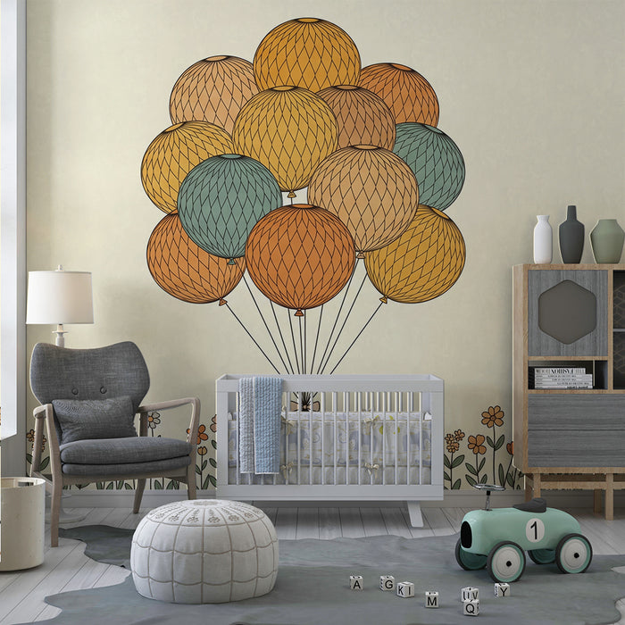 Babykamer behang | Kleurrijke ballonnen en delicate bloemen