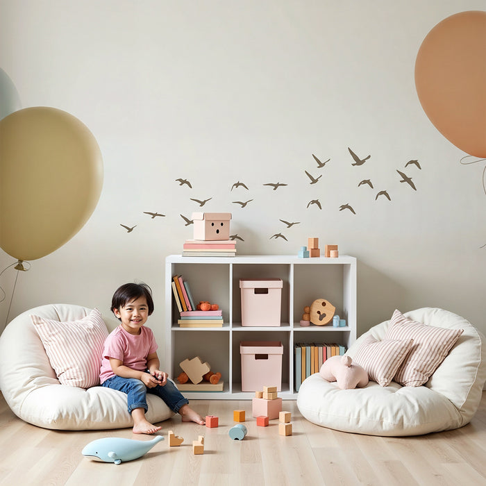 Papier peint chambre bébé | Ballons colorés et oiseaux en vol