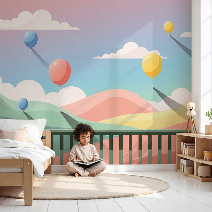 Barntapet | Färgglada ballonger som flyter över pastellkullarna