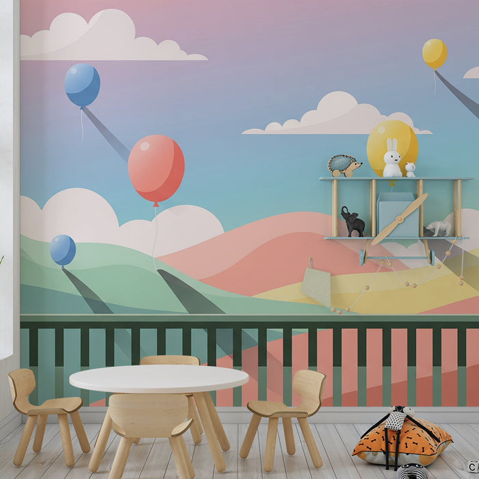 Barntapet | Färgglada ballonger som flyter över pastellkullarna