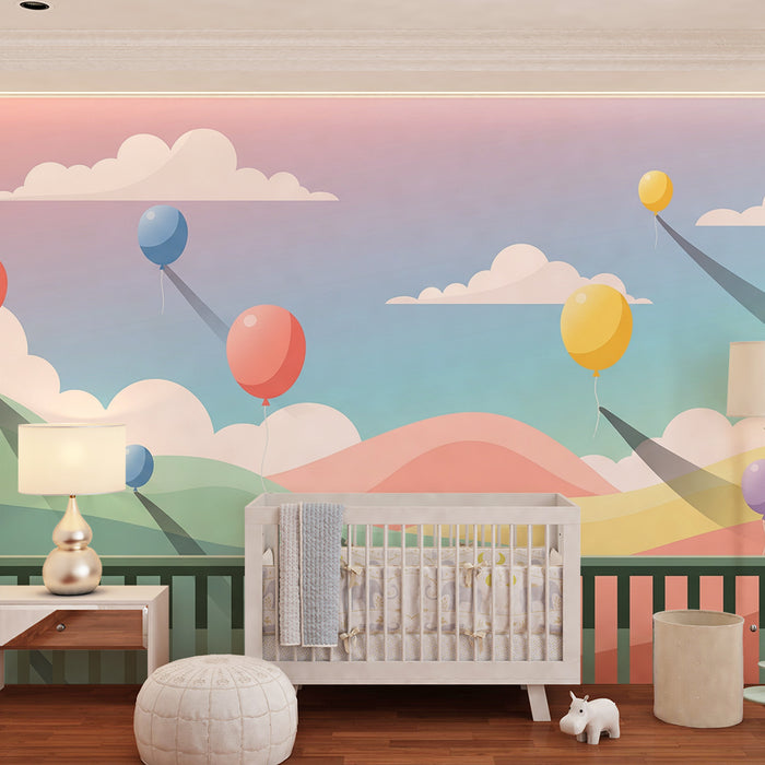Barntapet | Färgglada ballonger som flyter över pastellkullarna