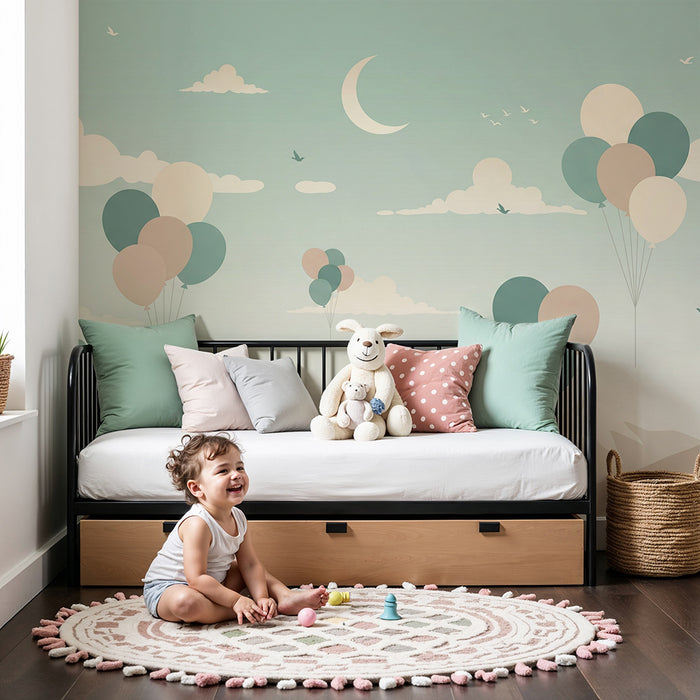 Baby room wallpaper | Colorful balloons floating above the mountains