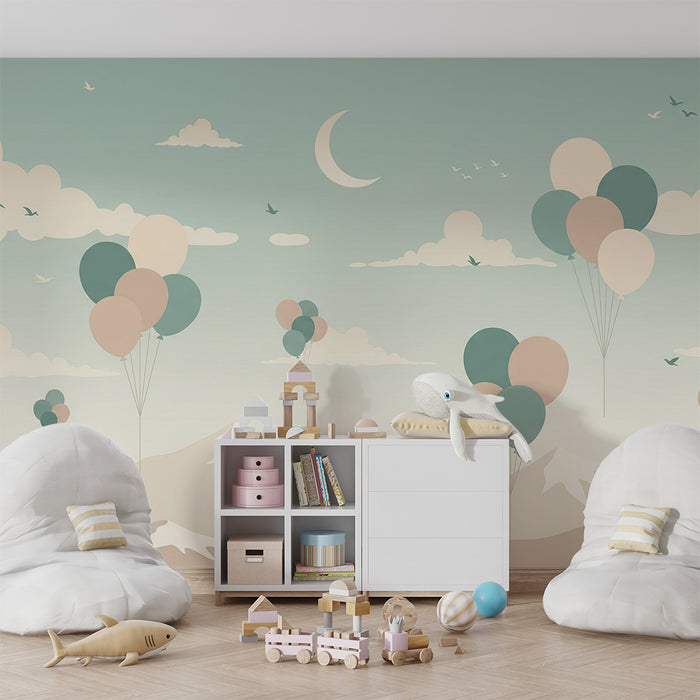 Baby room wallpaper | Colorful balloons floating above the mountains