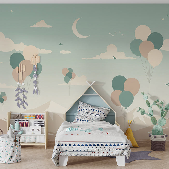 Baby room wallpaper | Colorful balloons floating above the mountains