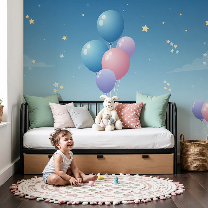 Papier peint chambre bébé | Ballons colorés flottant dans un ciel étoilé