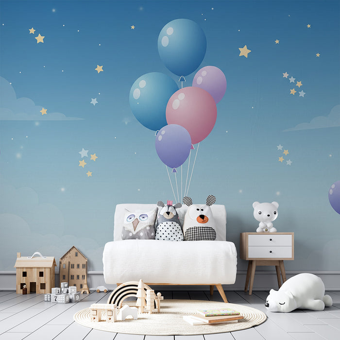 Papier peint chambre bébé | Ballons colorés flottant dans un ciel étoilé