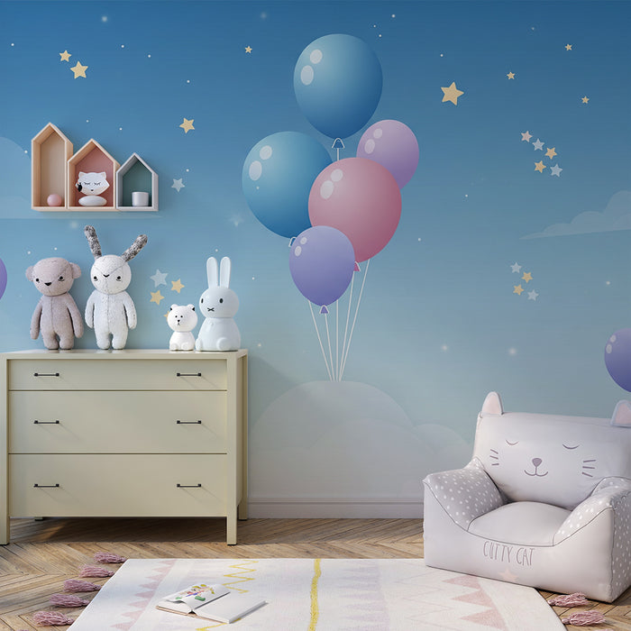 Papier peint chambre bébé | Ballons colorés flottant dans un ciel étoilé