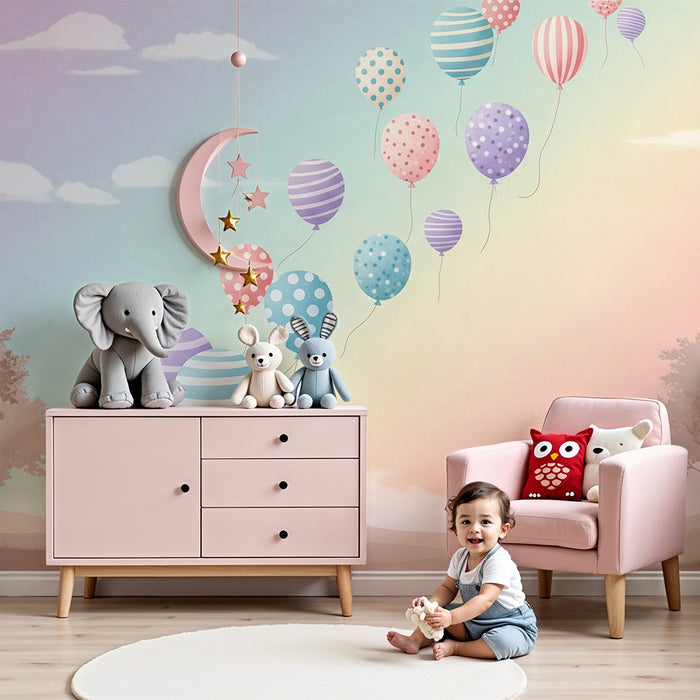Nursery room wallpaper | Värvilised õhupallid hõljuvad pastelsel taevas