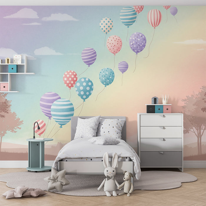 Nursery room wallpaper | Värvilised õhupallid hõljuvad pastelsel taevas