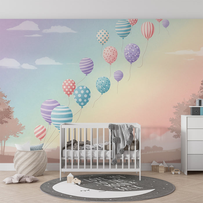 Nursery room wallpaper | Värvilised õhupallid hõljuvad pastelsel taevas