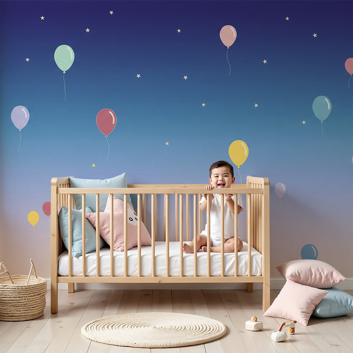 Papier peint chambre bébé | Ballons colorés flottant sous un ciel étoilé