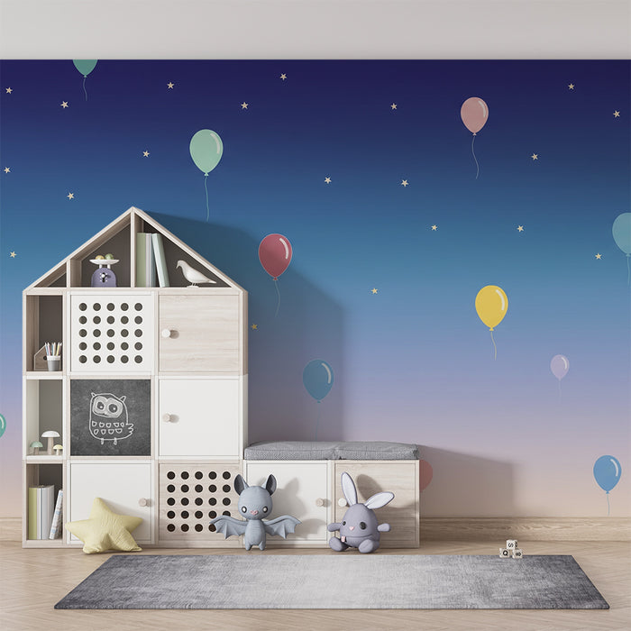 Papier peint chambre bébé | Ballons colorés flottant sous un ciel étoilé