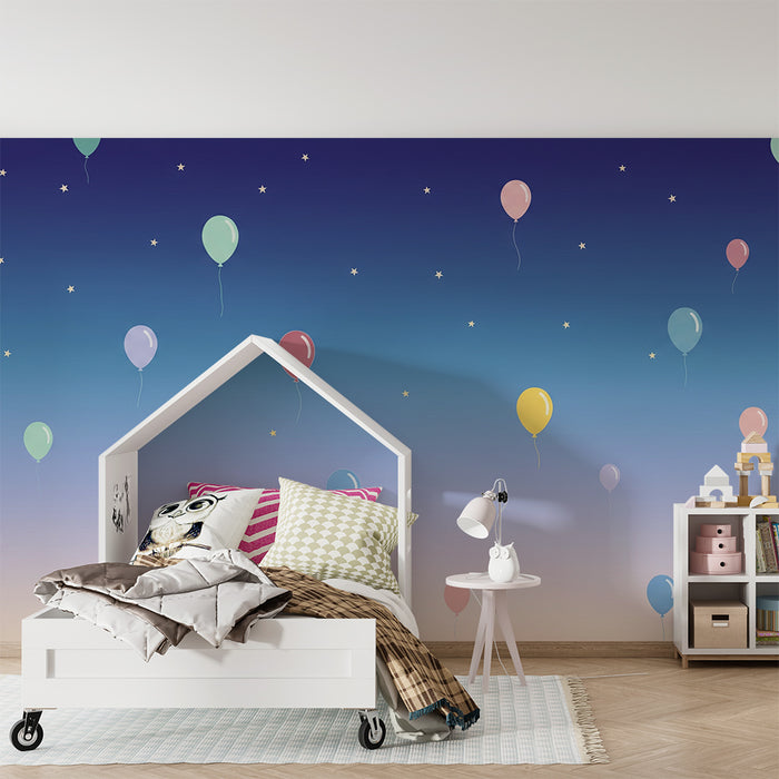Papier peint chambre bébé | Ballons colorés flottant sous un ciel étoilé