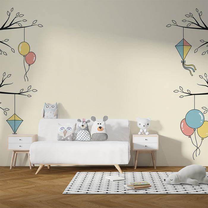 Tapete za dječju sobu | Baloni i zmajevi koji vise na nježnim granama
