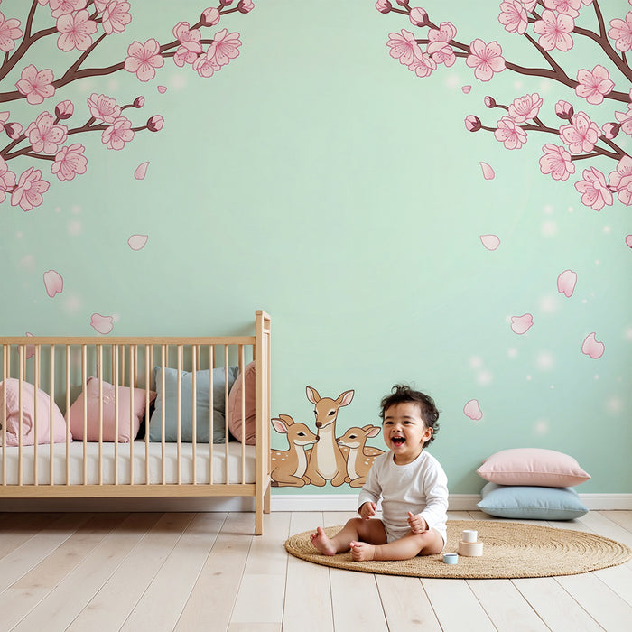 Papel pintado para habitación infantil | Bambi y cerezos en flor sobre fondo pastel