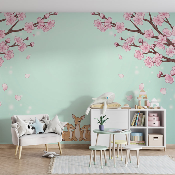 Papel pintado para habitación infantil | Bambi y cerezos en flor sobre fondo pastel