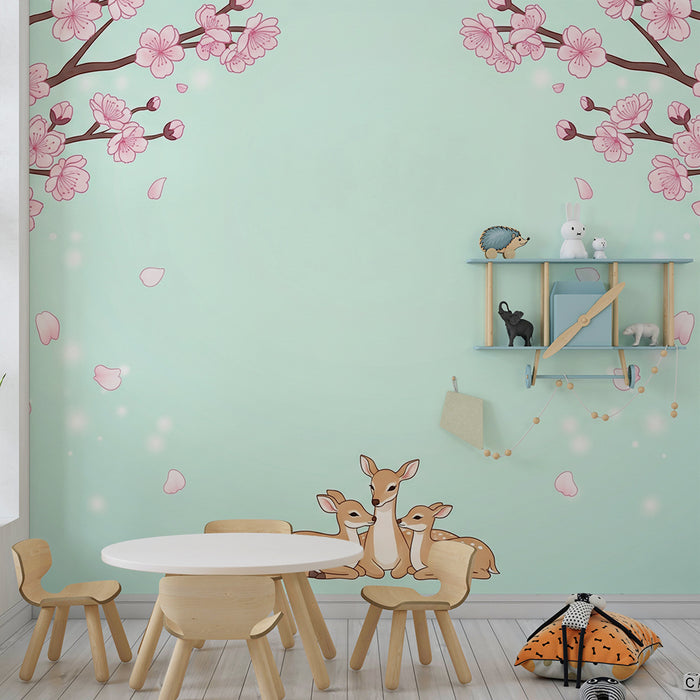 Papel pintado para habitación infantil | Bambi y cerezos en flor sobre fondo pastel