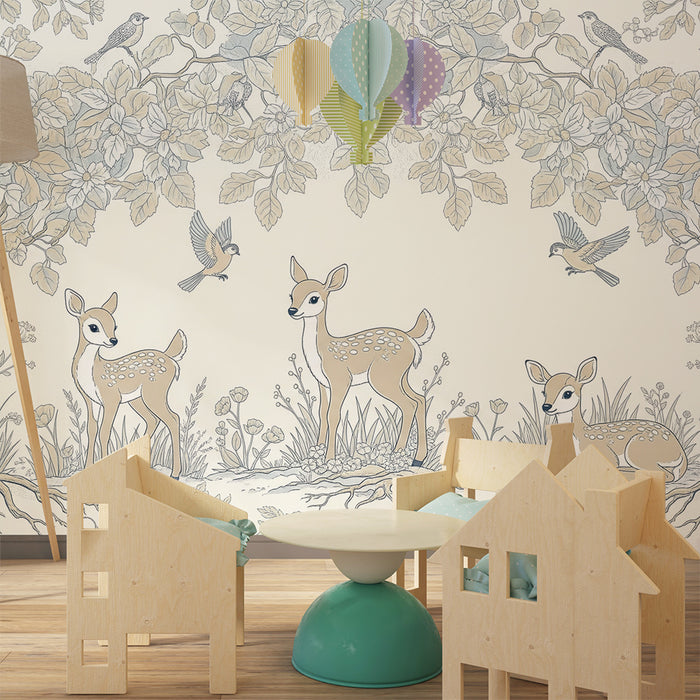 Sobna tapeta za dojenčka | Bambi in ptički na cvetočem vrtu