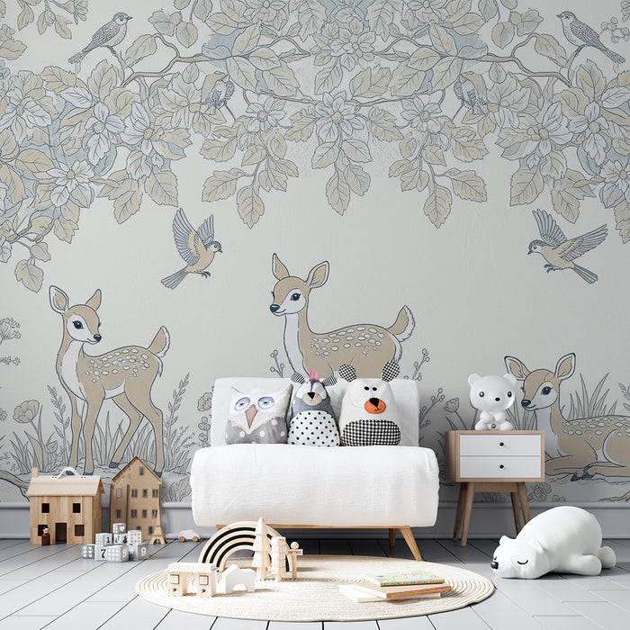 Sobna tapeta za dojenčka | Bambi in ptički na cvetočem vrtu