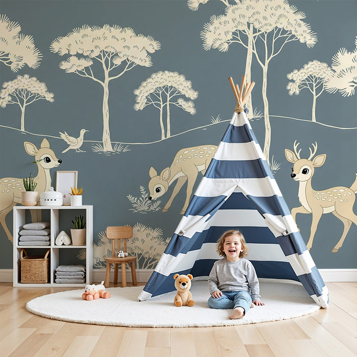 Papier peint chambre bébé | Faon et ses amis dans une forêt douce