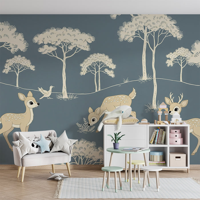 Papier peint chambre bébé | Faon et ses amis dans une forêt douce