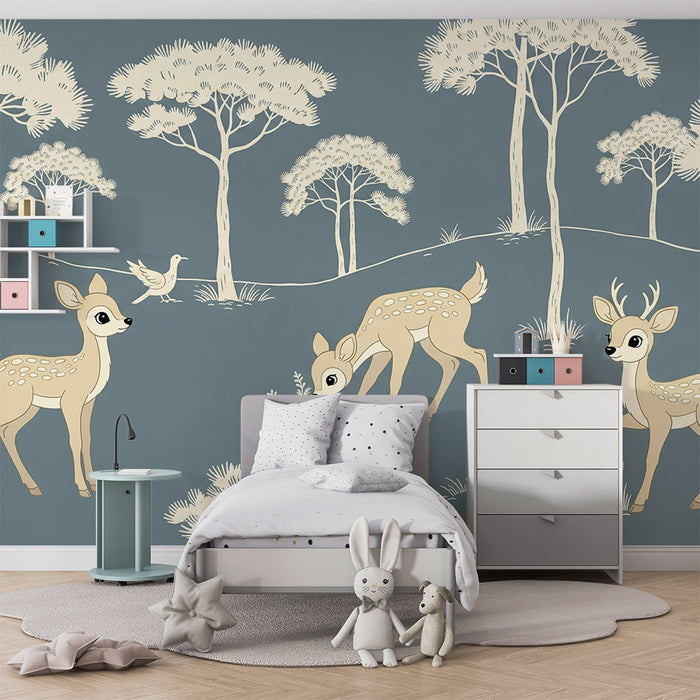 Papier peint chambre bébé | Faon et ses amis dans une forêt douce