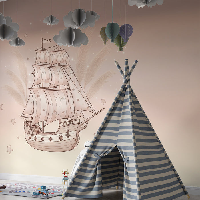 Papel de parede quarto bebê | Barco à vela com estrelas e nuvens suaves