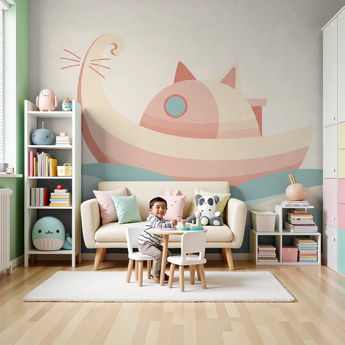 Papel de parede quarto bebê | Barco de gato em ondas suaves