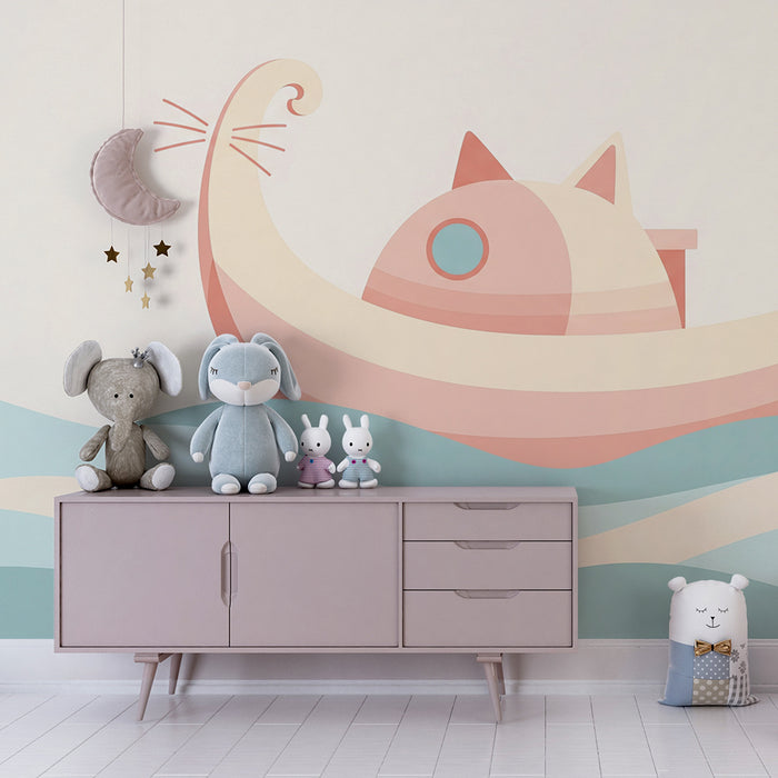 Papel de parede quarto bebê | Barco de gato em ondas suaves