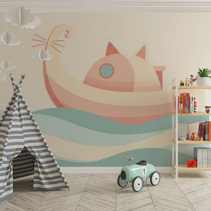 Papel de parede quarto bebê | Barco de gato em ondas suaves