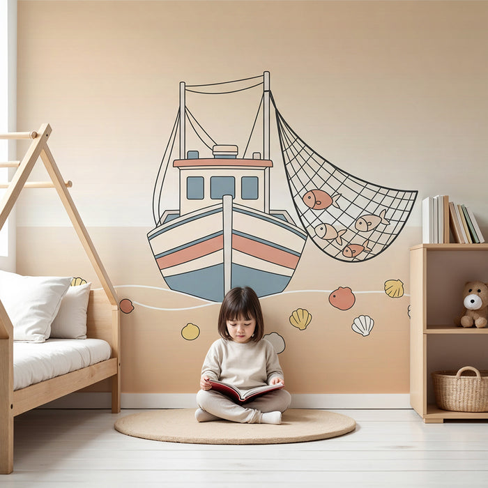 Papel de parede quarto bebê | Ribolovna ladja in školjke na nežnem ozadju